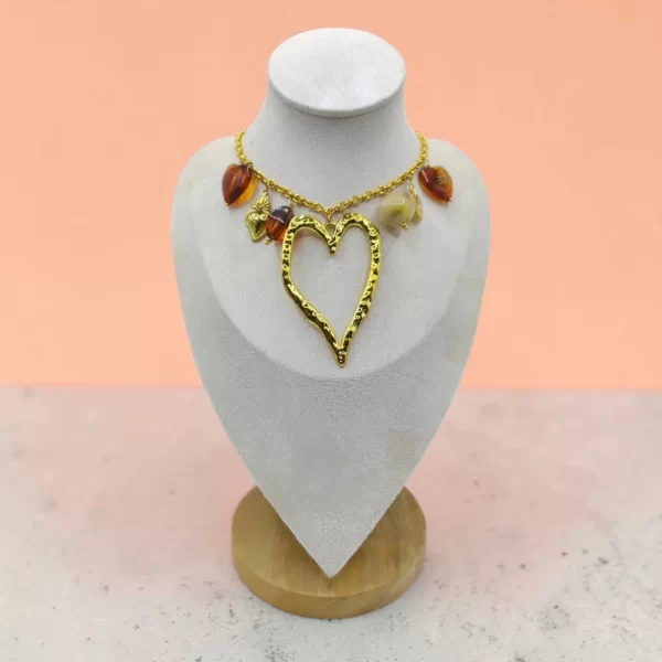 Collar De Acero Inoxidable Corazón Grande Dorado Con Dijes