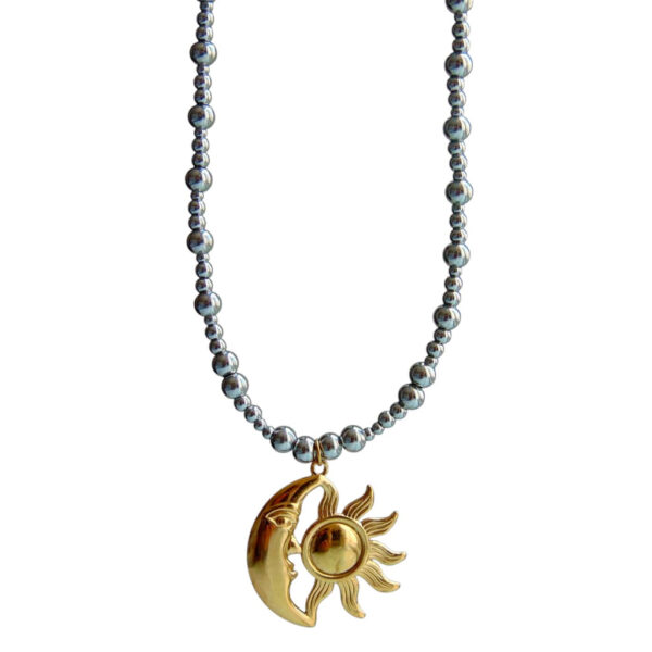 COLLAR ACERO INOXIDABLE PERLAS PLATEADAS LUNA Y SOL