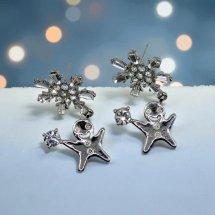 aretes navideños galleta de jengibre plateada copo de nieve