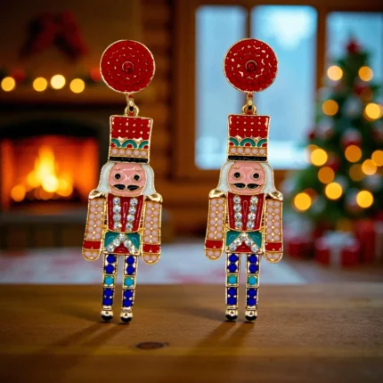 aretes navideños cascanueces rojo con azul