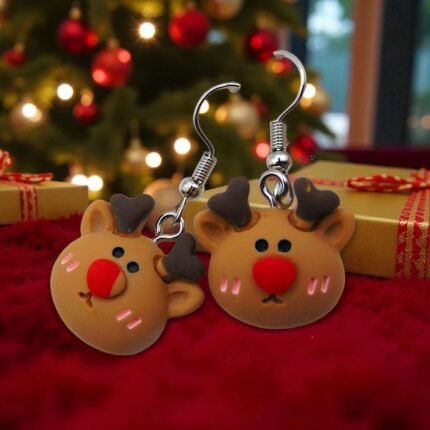Aretes de navidad reno nariz roja 3D