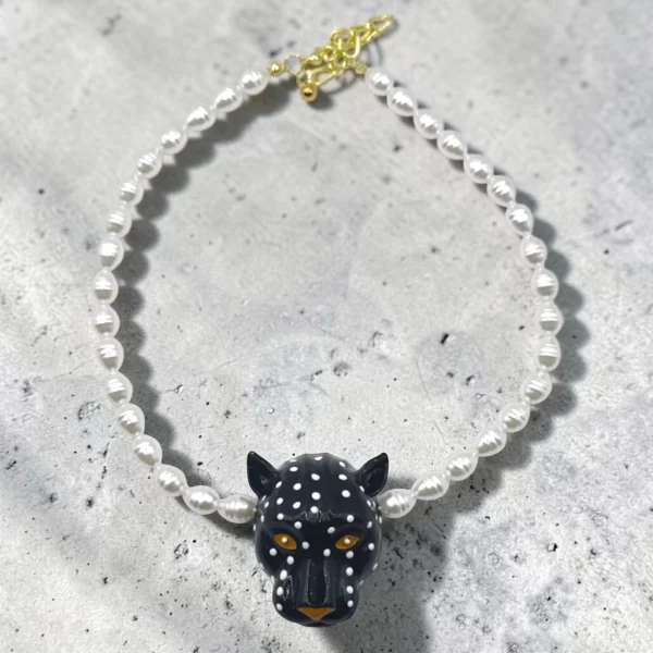 Collar De Perlas Dije De Jaguar Negro