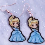 ARETES DE MDF PRINCESA VESTIDO AZUL CON RATONES CON DESTELLOS