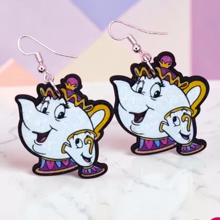 ARETES MDF DE  TETERA Y TAZA CON DESTELLOS