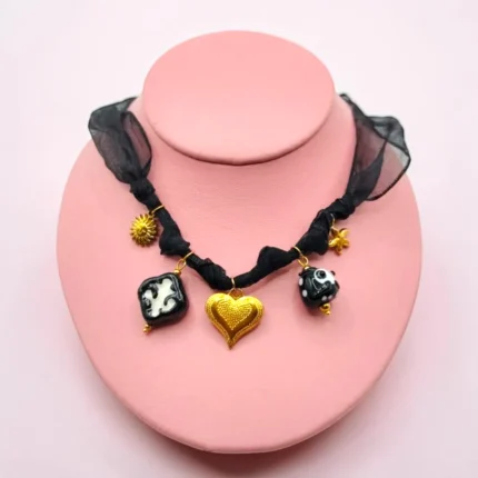 COLLAR BANDANA DE ACERO INOXIDABLE CHARMS VARIOS LISTON NEGRO