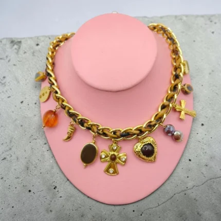 COLLAR DE CHARMS DE ACERO INOXIDABLE CAFÉ LISTON Y CADENA