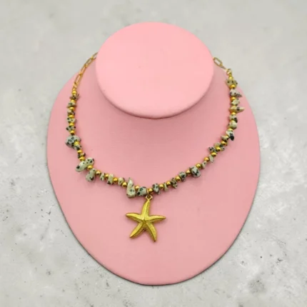 COLLAR DE ACERO INOXIDABLE DIJE ESTRELLA DE MAR Y PIEDRA NATURAL