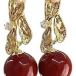 Aretes Pendientes Metal Dorado Bola Roja Circulo Esfera