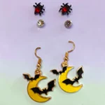 aretes de halloween trio luna amarilla con murciélagos