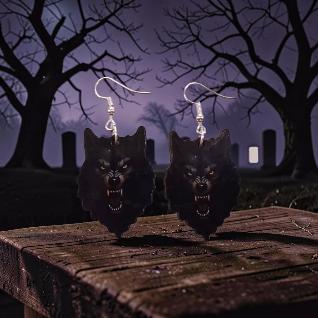AREETES DE HALLOWEEN MDF TERROR (7) ARETES DE HALLOWEEN DE TERROR LOBO - Imagen 1