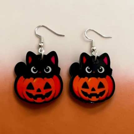 aretes de halloween gato en calabaza MDF
