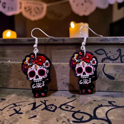 ARETES DÍA DE MUERTOS CALAVERA DIADEMA FLORES