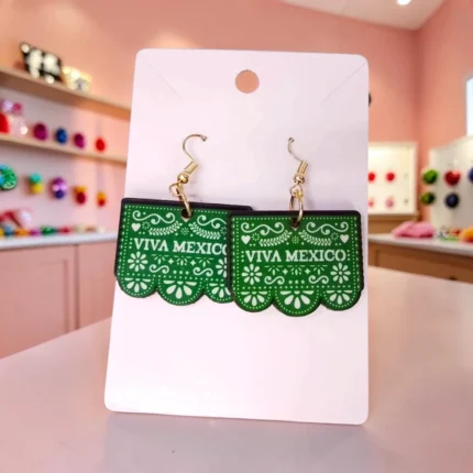 ARETES DE DISEÑO VIVA MEXICO VERDE PAPEL PICADO MDF
